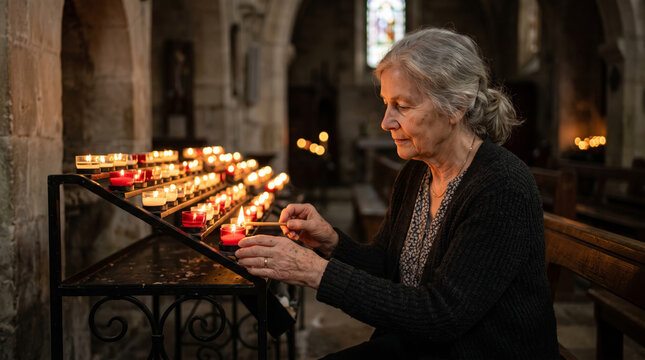 Elderly woman lighting a candle in a church with rows of votive candles