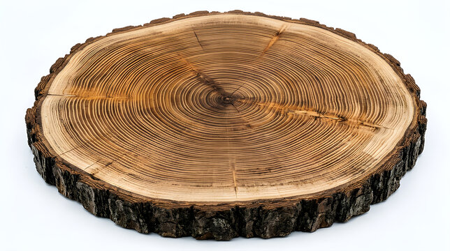Round wooden log slice with tree rings isolated on white background