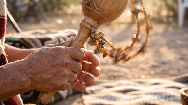 Close up of hands shaking a traditional wooden maraca with beads and seeds