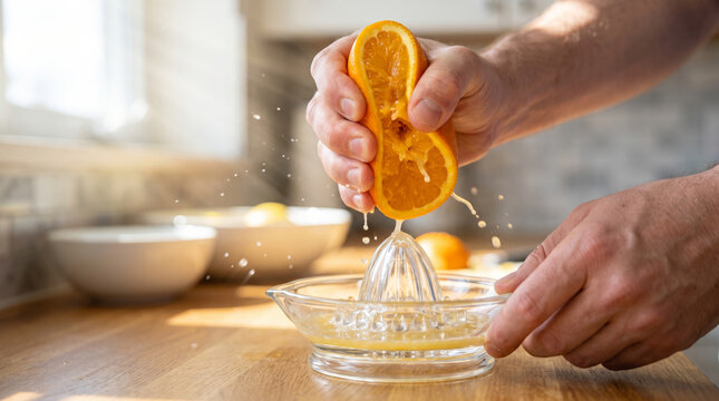 Person squeezing fresh orange for juice into a glass reamer in a kitchen