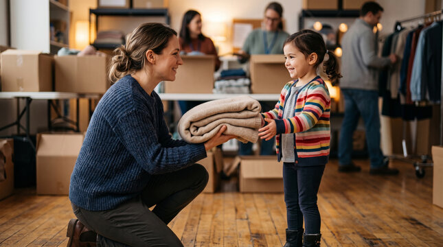 Mother and daughter share a blanket during a charitable donation event