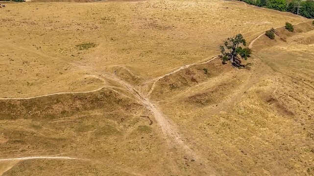 An aerial view rotating close to the remains of the Iron Age Hillfort in rural Leicestershire, UK in late summertime