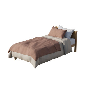 A single wooden bed with beige and brown bedding isolated on a white background.