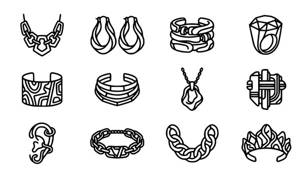 Set of abstract and chunky fashion jewelry icons featuring bold necklaces layered bracelets statement earrings and rings jewelry icon necklace icon bracelet icon