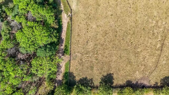 An aerial view flying above the countryside towards the entrance to the remains of the Iron Age Hillfort in rural Leicestershire, UK in late summertime