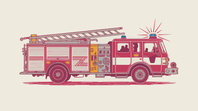 Vintage fire truck vector illustration, retro red fire engine with ladder, classic emergency vehicle graphic for posters and education