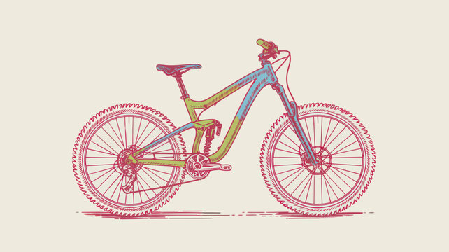Retro mountain bike vector illustration, vintage style downhill bicycle graphic, colorful off-road cycling equipment for outdoor sports branding