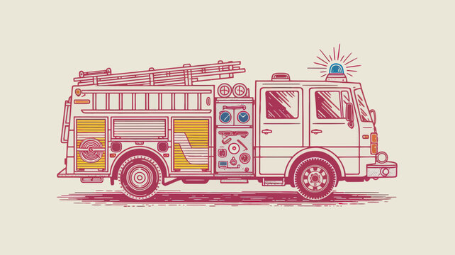 Vintage fire truck vector illustration, retro red fire engine with ladder, emergency vehicle side view for fire safety posters