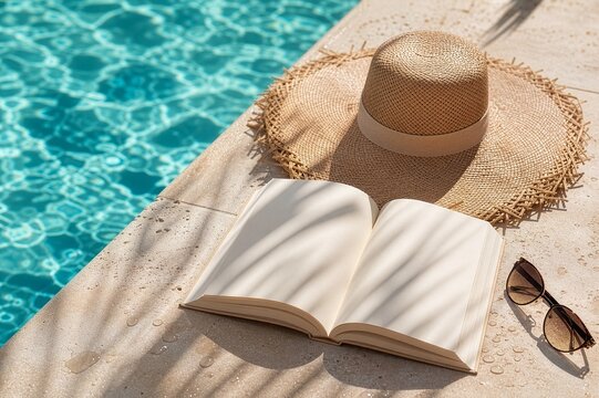 Sun hat and open book beside a turquoise pool, representing peaceful summer leisure, reading, vacation and resort relaxation.