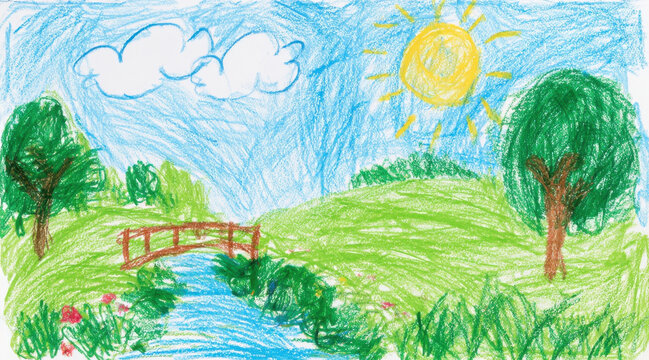 Cute colorful children drawing using oil pastels depicting a bright sunny summer day with green hills a flowing blue river under a wooden bridge clouds and green trees on a white paper texture