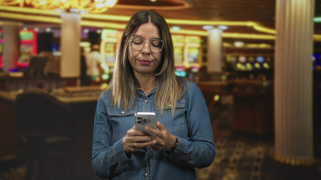 Woman holding smartphone and typing with thumbs while looking down in a building with slot machines and columns; quiet concentration.