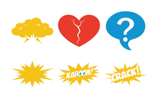 Dramatic comic design elements showing broken heart shape explosion bursts yellow clouds and a blue question mark speech bubble.