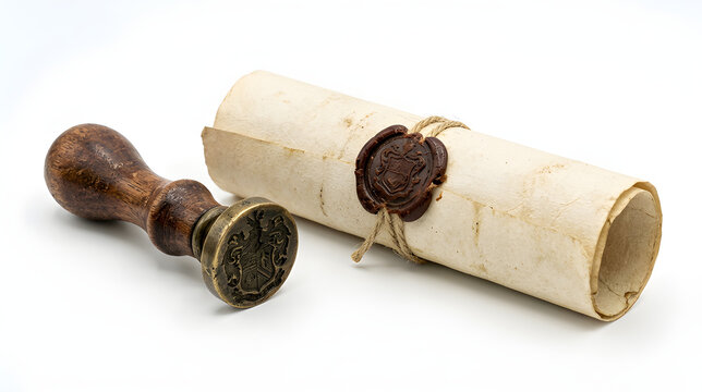 Vintage scroll with wax seal and wooden stamp for legal document or historical concept