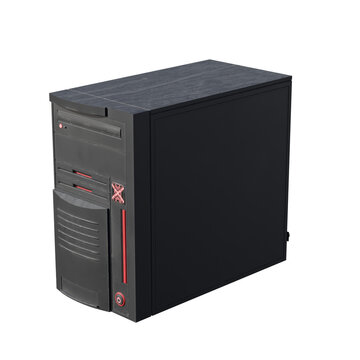 Black computer tower case isolated on a white background.