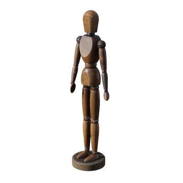 A small wooden mannequin figure standing isolated on a white background.