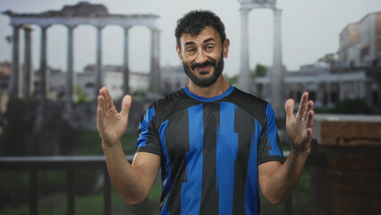 Fototapeta premium Man showing palms raised in shrug wearing blue and black soccer jersey at ancient roman ruins with stone columns and railing; playful acceptance.