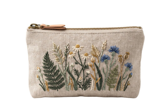Linen cosmetic pouch with embroidered botanical wildflower and fern design