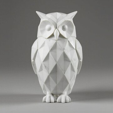 Minimalist geometric marble standing owl sculpture, low-poly wisdom symbol