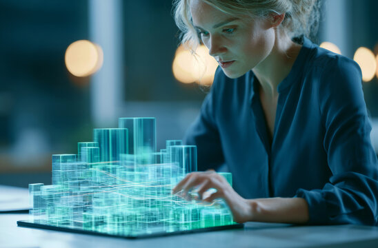 City planner analyzing 3D digital twin urban model on tablet in Contemporary Urban Setting