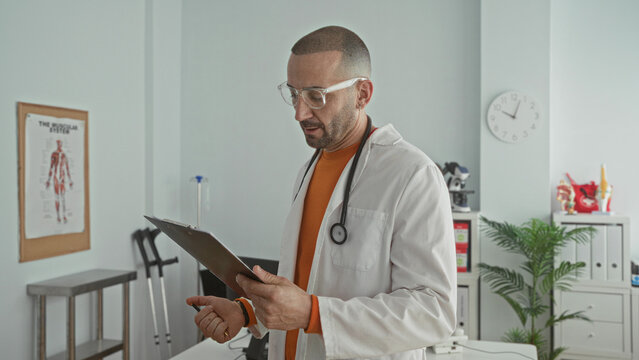 Man doctor with stethoscope and clipboard reads and writes notes in clinic building beside crutches, anatomy poster and wall clock; focused care.