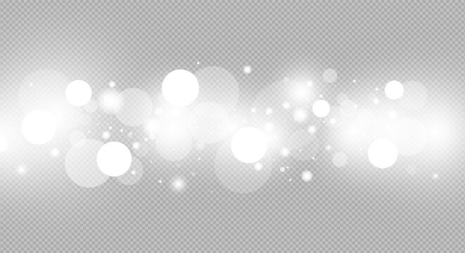 Abstract white bokeh background with sparkling light flare, floating glitter texture, glowing fireworks and snow. Glistering star for new year, christmas or winter holiday invitation banner. Lens blur