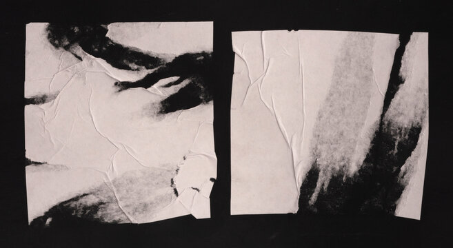 Black and white Crumble wrinkled paper pieces patch collage. Art Poster wall. Abstract grunge dirty texture contrast background.