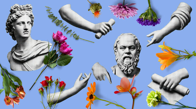 Retro vaporwave collage featuring ancient Greek sculptures, classical busts, sculptural hands, and vivid flowers arranged against a bright blue background.