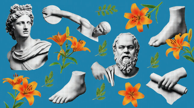 Retro vaporwave collage featuring ancient Greek sculptures, classical busts, sculptural hands, and vivid flowers arranged against a bright blue background.
