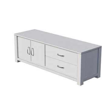Modern white wooden TV stand with two doors and two drawers isolated on white background.