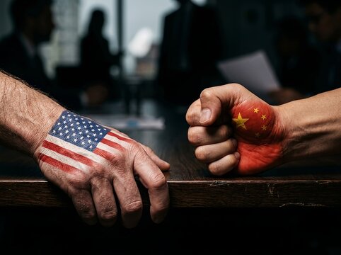 Geopolitical tension and economic rivalry of USA and China. Strategic competition, diplomatic tensions, trade disputes, economic rivalry, military power, international relations, and global influence