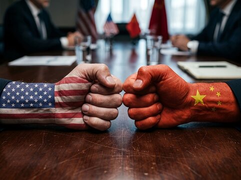 Geopolitical tension and economic rivalry of USA and China. Strategic competition, diplomatic tensions, trade disputes, economic rivalry, military power, international relations, and global influence