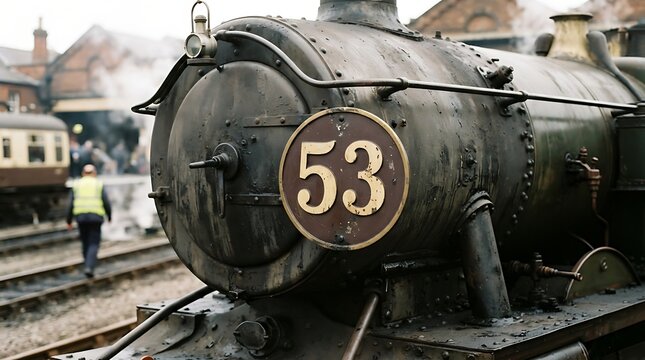 vintage steam train engine number 53 at railway station with worker in background