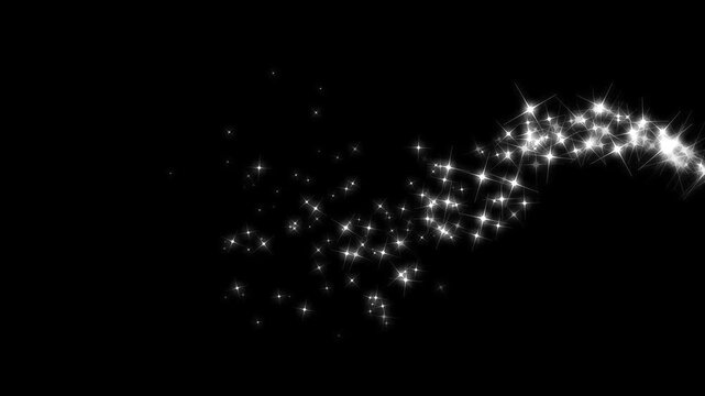 Glowing 2D star sparkle animation, magical dust trail, white shining dust light, doodle cartoon twinkling stars with glitter burst effect, shimmering starlight trail on a black screen. 4k video