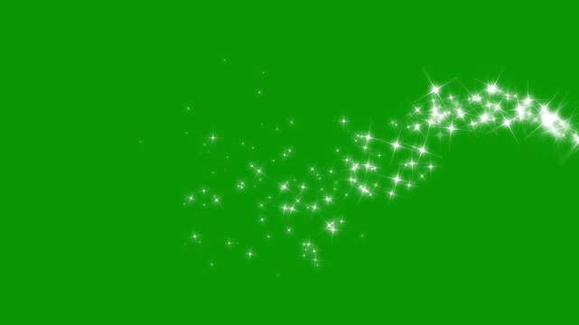 Glowing 2D star sparkle animation, magical dust trail, white shining dust light, doodle cartoon twinkling stars with glitter burst effect, shimmering starlight trail on a green screen. 4k video