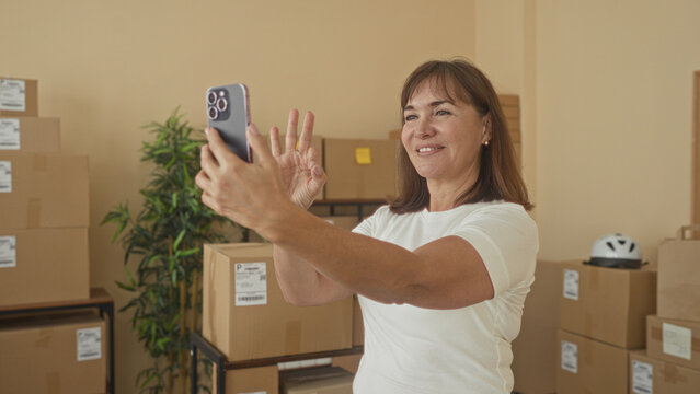 Woman holding smartphone with hand waving beside stacked cardboard boxes in a delivery office inside a building; small business pride.