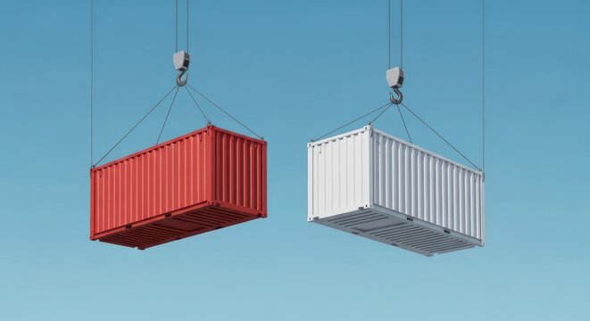 Red and white shipping containers suspended by industrial cranes against a clear blue sky background