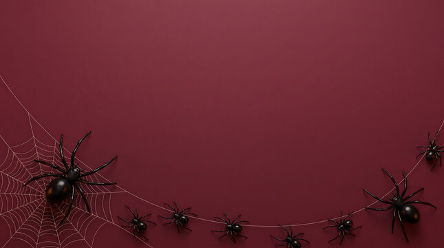 Dark red spider web string lights with decorative black spiders hanging festive decoration