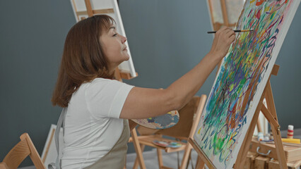 Woman painter middle age hispanic painting with brush, hand holding palette at easel in art studio creating a colorful abstract canvas  quiet concentration. © Krakenimages.com
