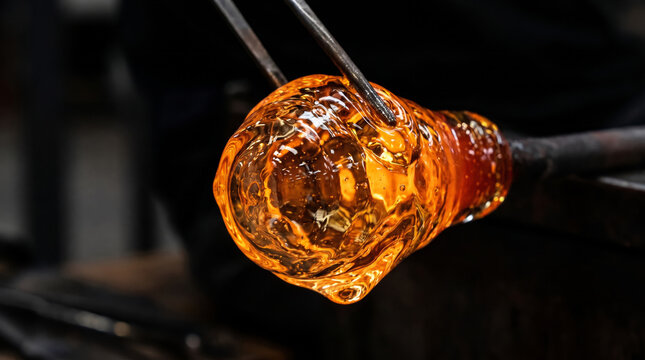 Molten glass being shaped by artisan hands with tools