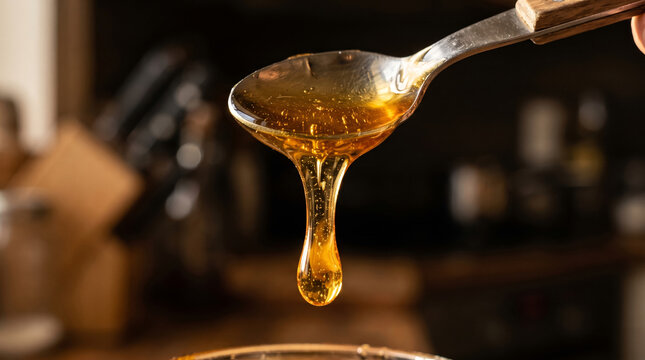 Viscous golden honey slowly dripping from a metal spoon