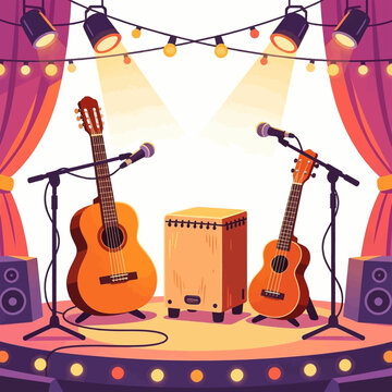 Acoustic guitars and cajon drum on a stage with microphones and spotlights ready for a performance