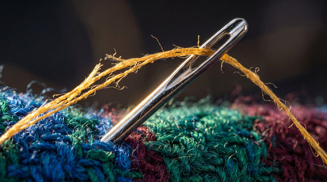 Close-up of a sewing needle piercing colorful knitted fabric with golden thread
