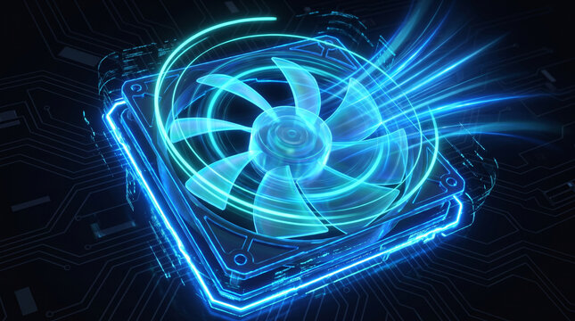 Futuristic glowing blue computer fan with digital circuit board background