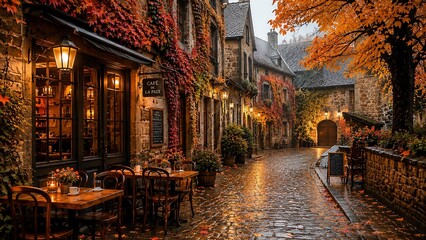 Fototapeta premium Cozy autumn street with cobbled paths, quaint cafe and colorful trees, creating a chilled lofi atmosphere for relaxing video backgrounds.