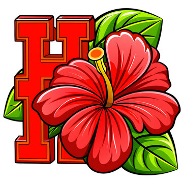 Letter h with red hibiscus flower funny animal emoji isolated on transparent background