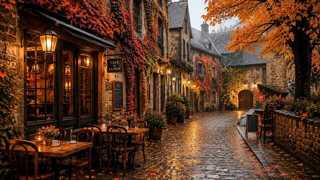 Cozy autumn street with cobbled paths, quaint cafe and colorful trees, creating a chilled lofi atmosphere for relaxing video backgrounds.
