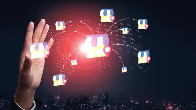 Hand Reaching Towards Digital Storefronts Representing E-commerce Growth and Connectivity in Global Market with Technology and Innovation Gluon.