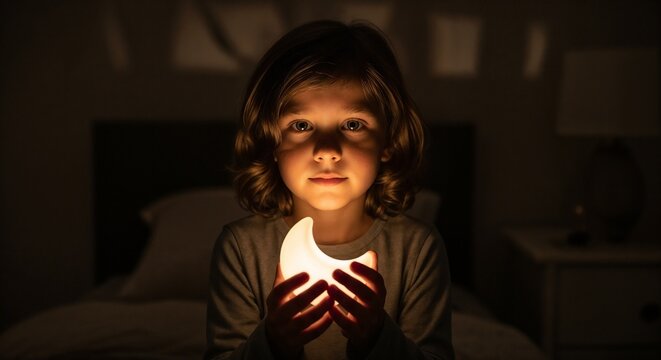 Cute child holding small glowing moon lamp in dark bedroom at bedtime. Little kid sitting in bed illuminated by glowing moon lamp before sleep. Peaceful glowing moon lamp concept for sweet dreams.