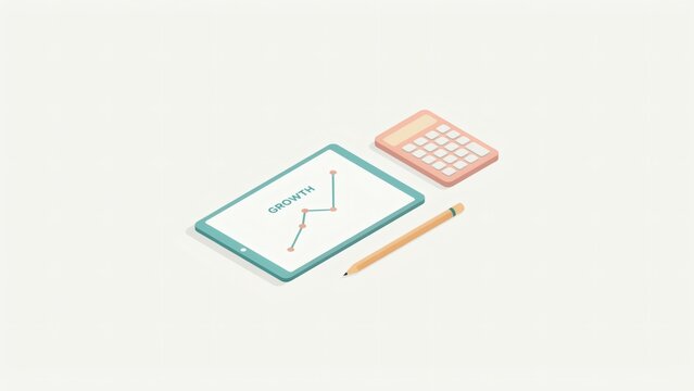 Isometric tablet with growth chart graph next to a small calculator with calculator wooden pencil digital tablet displays pencil plain background