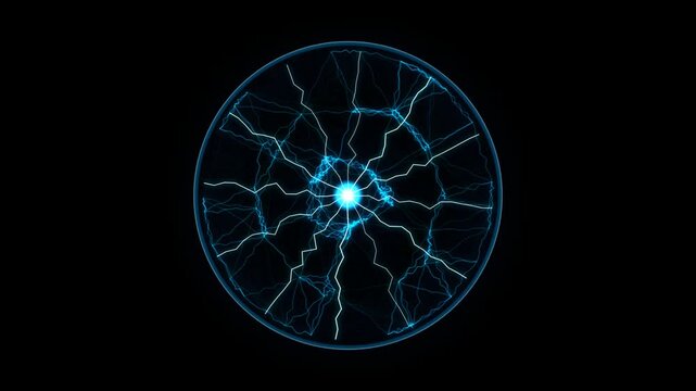 Glowing blue electric plasma ball with lightning bolts radiating from the center on a dark black background 4K Motion Video
